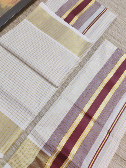 Pure cotton Kerala Set Mundu with all-over zari checks (2.80m).