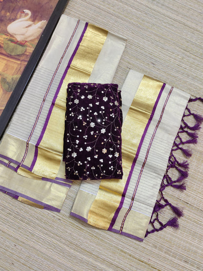 Half Plain Half Lines Tissue Set Mundu With Tassels And Velvet Sequence Blouse.
