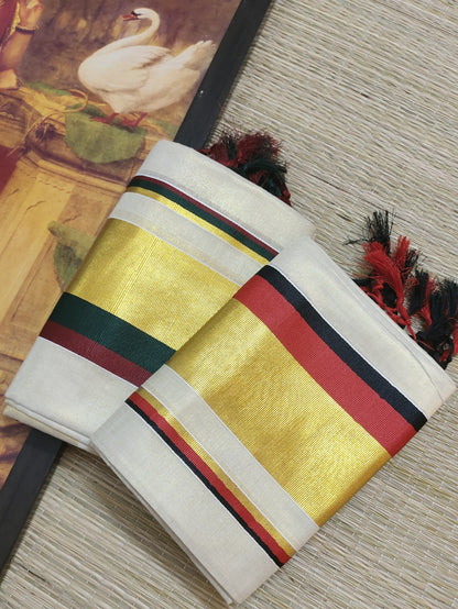 Tissue Set Mundu With Kasavu Kara And Tassels.