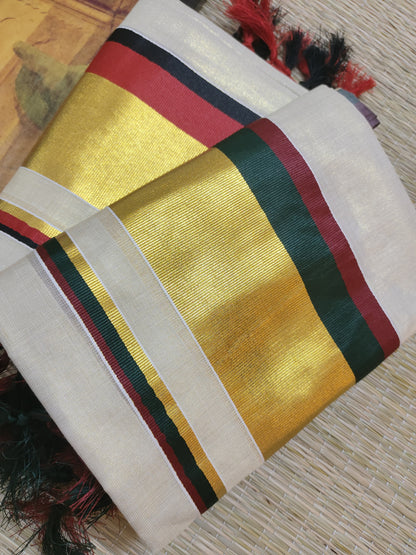 Tissue Set Mundu With Kasavu Kara And Tassels.
