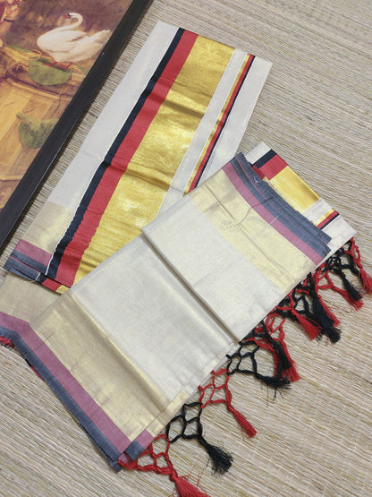 Tissue Set Mundu With Kasavu Kara And Tassels.