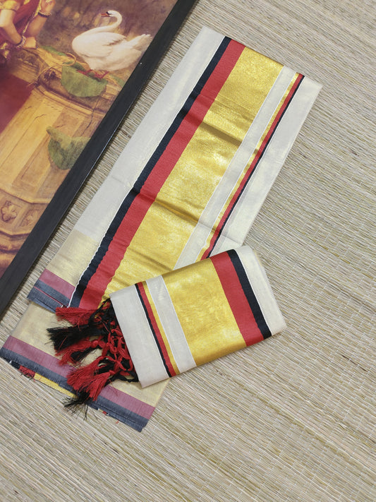 Tissue Set Mundu With Kasavu Kara And Tassels.