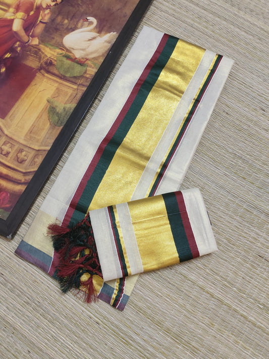 Tissue Set Mundu With Kasavu Kara And Tassels.