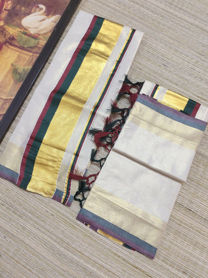 Tissue Set Mundu With Kasavu Kara And Tassels.