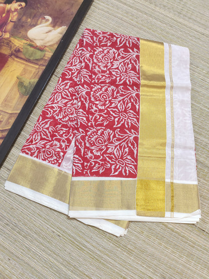 Premium Cotton Saree With Hand Block Printed Lotus Body And Floral Blouse