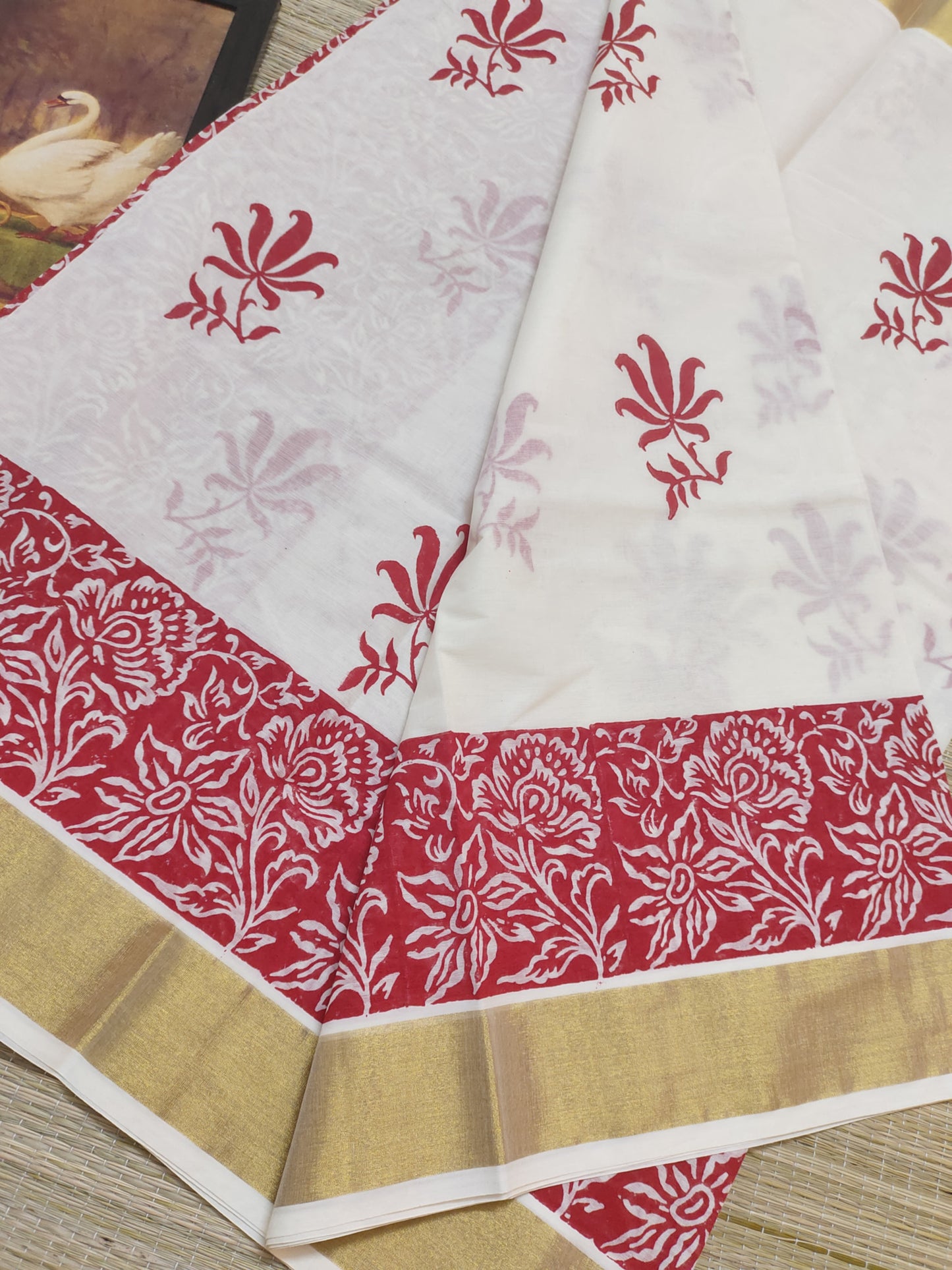 Premium Cotton Saree With Hand Block Printed Lotus Body And Floral Blouse