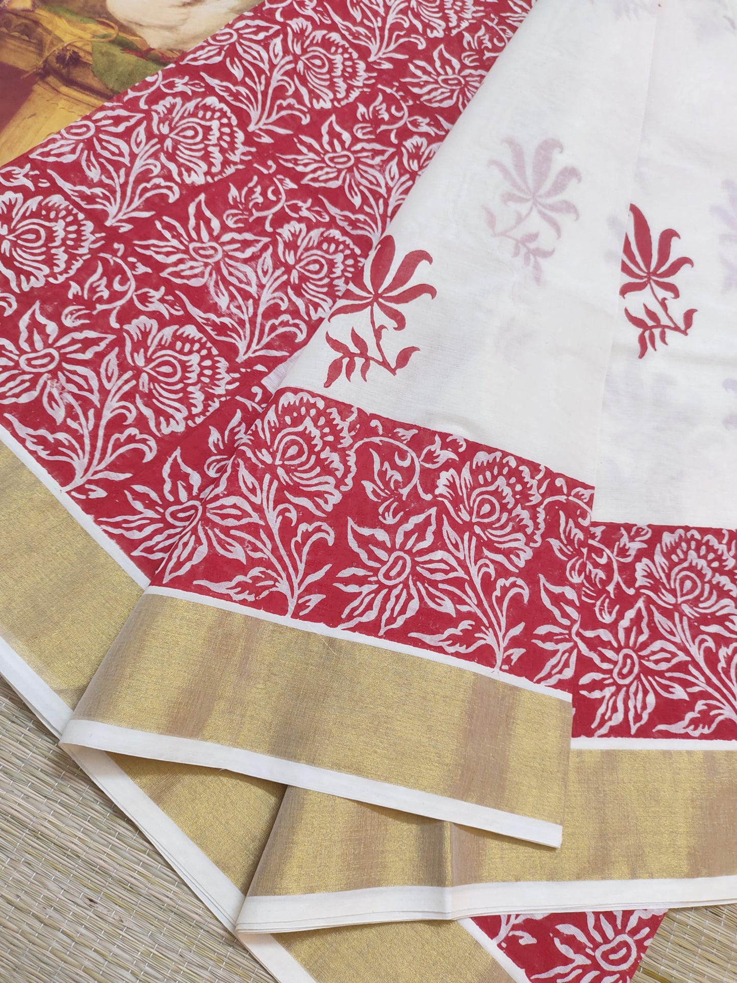Premium Cotton Saree With Hand Block Printed Lotus Body And Floral Blouse