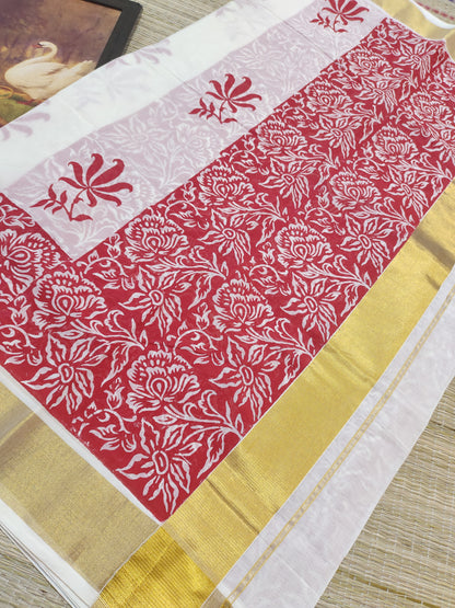 Premium Cotton Saree With Hand Block Printed Lotus Body And Floral Blouse
