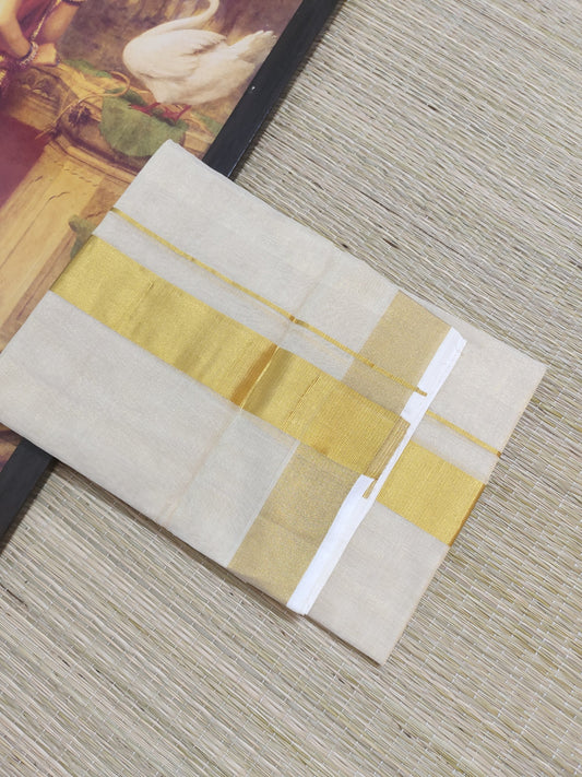 Premium Handloom Kuthampully Woven Men's Gold Tissue Double Mundu (4 Metres).