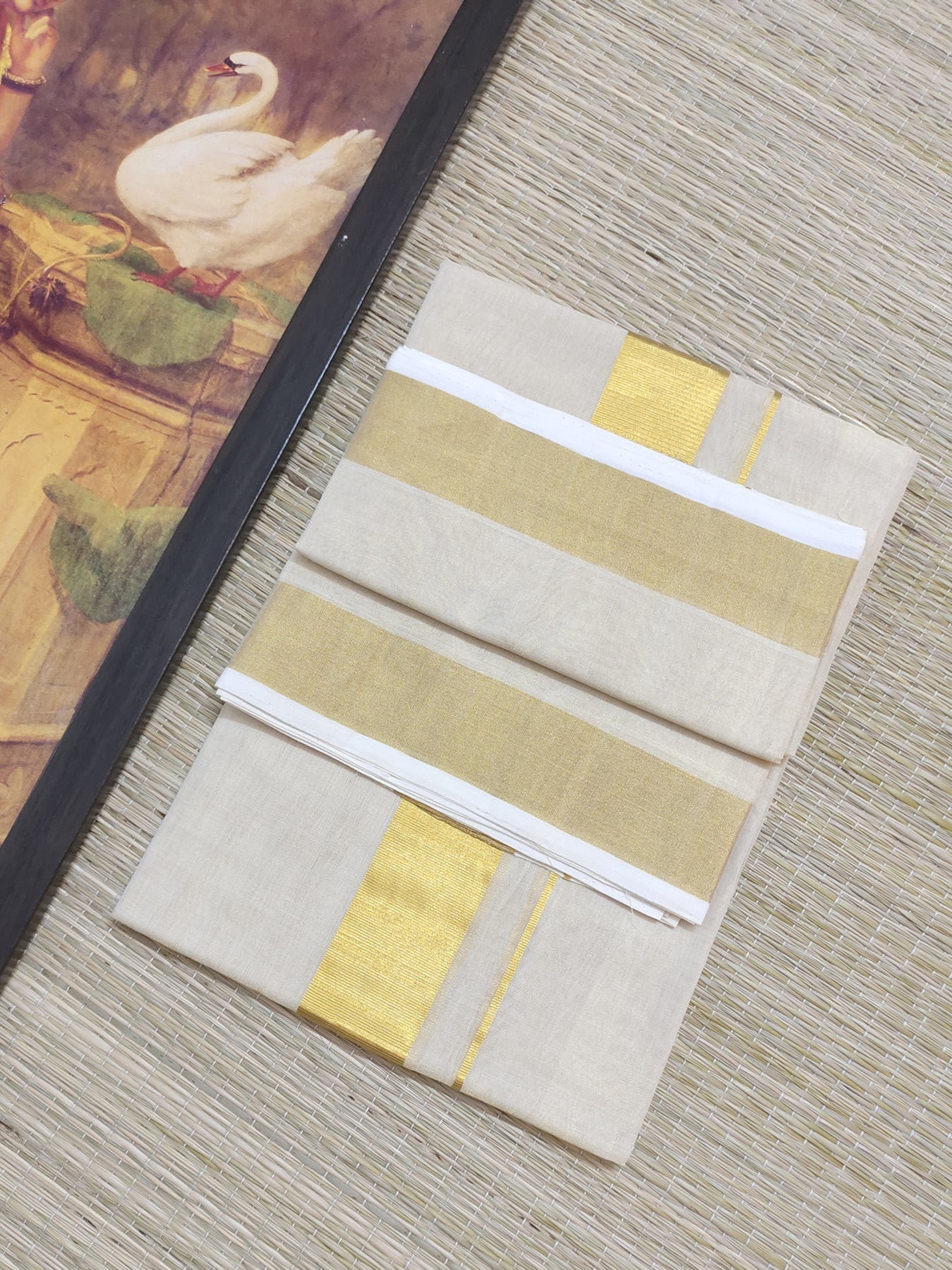 Premium Handloom Kuthampully Woven Men's Gold Tissue Double Mundu (4 Metres).