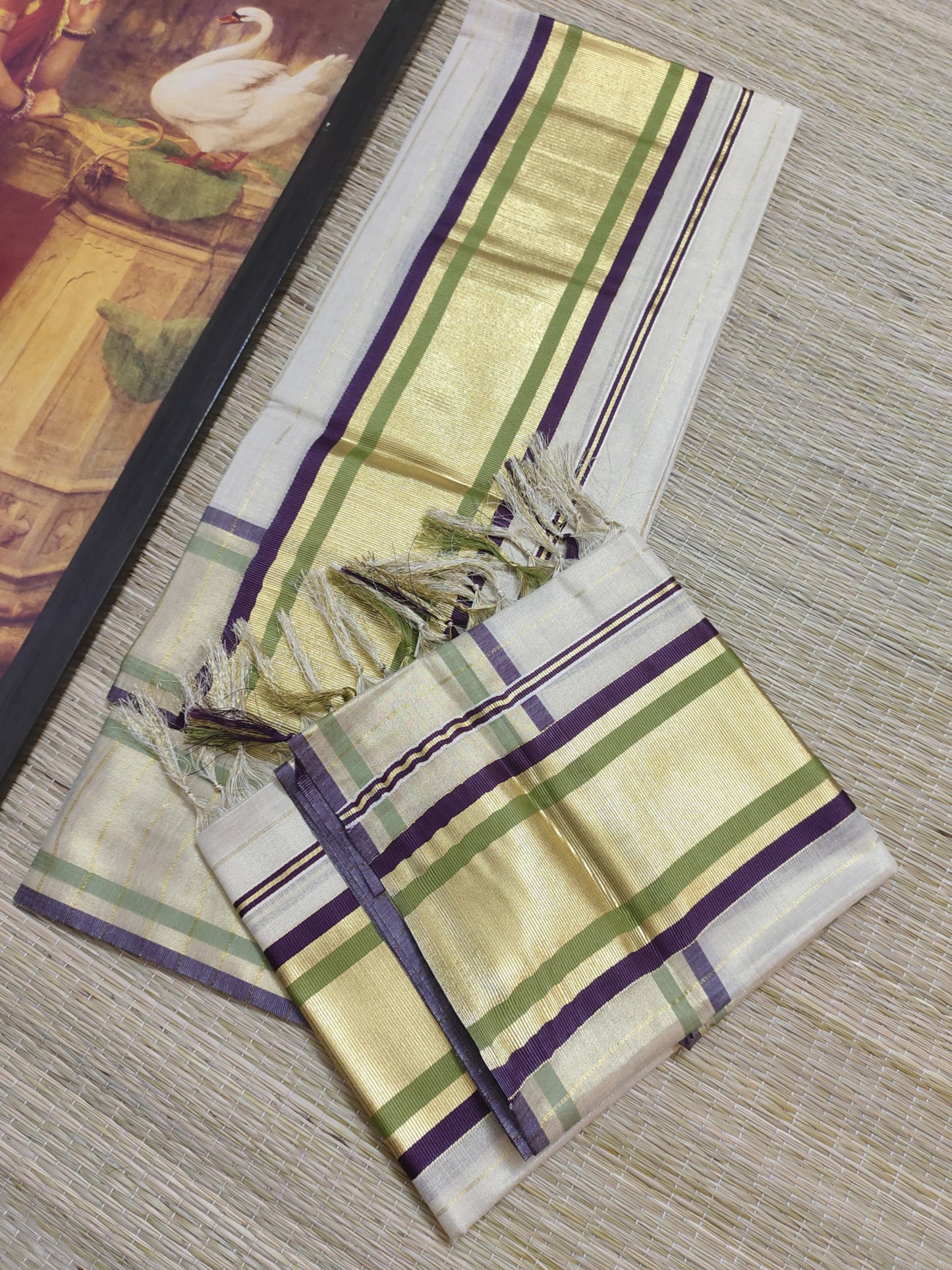 Premium Kasav Kara Tissue Set Mundu With Full Body Stripes.