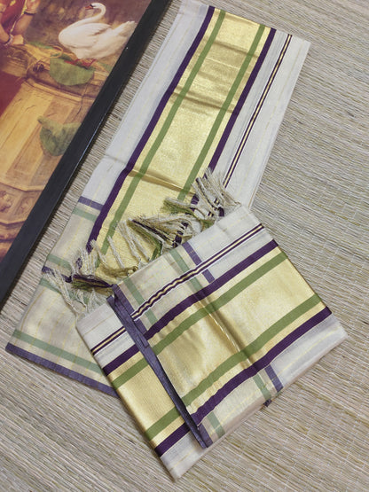 Premium Kasav Kara Tissue Set Mundu With Full Body Stripes.