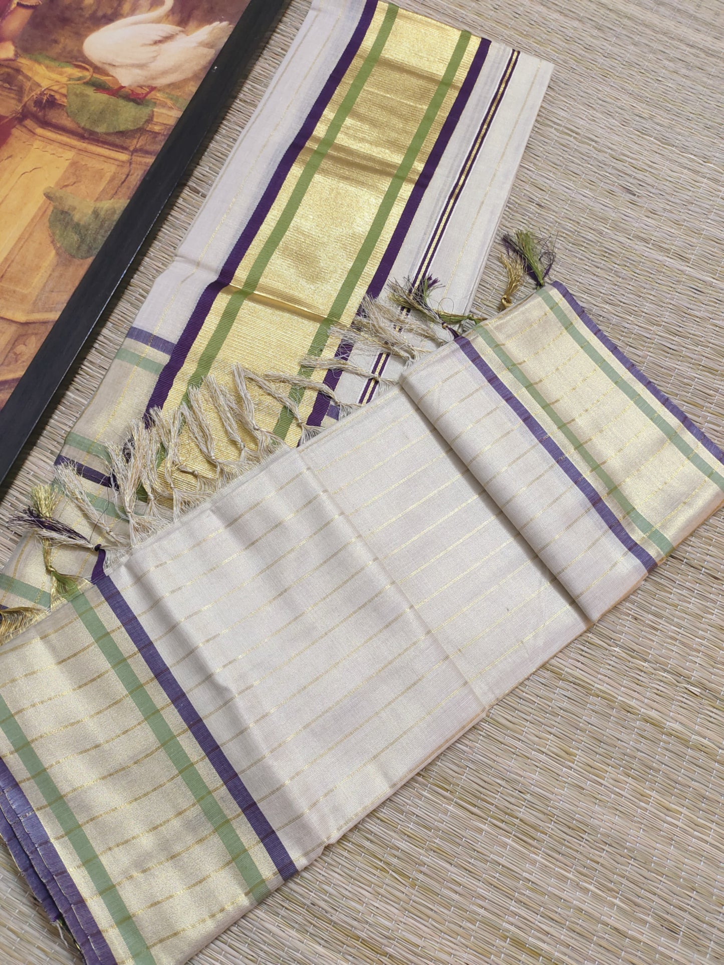 Premium Kasav Kara Tissue Set Mundu With Full Body Stripes.