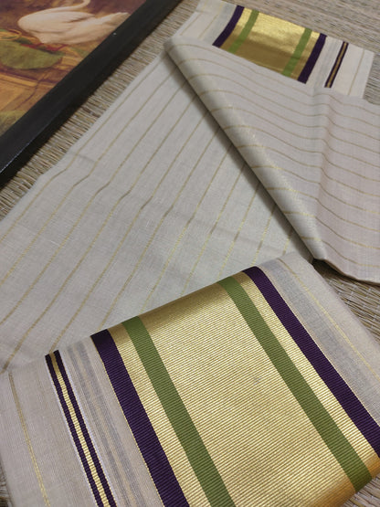 Premium Kasav Kara Tissue Set Mundu With Full Body Stripes.