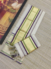 Premium Kasav Kara Tissue Set Mundu With Full Body Stripes.