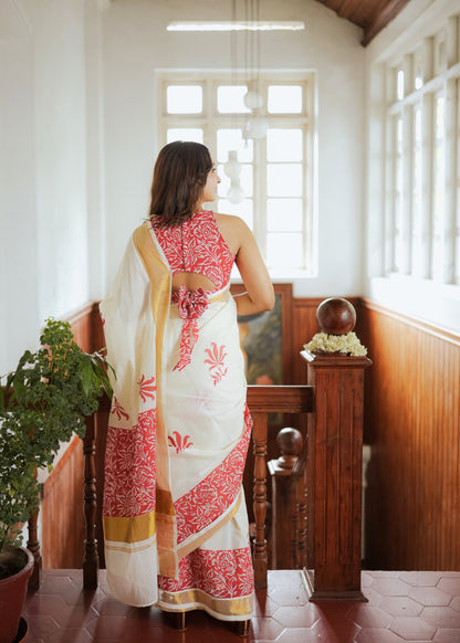Premium Cotton Saree With Hand Block Printed Lotus Body And Floral Blouse