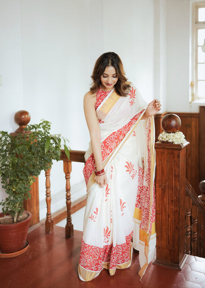 Premium Cotton Saree With Hand Block Printed Lotus Body And Floral Blouse