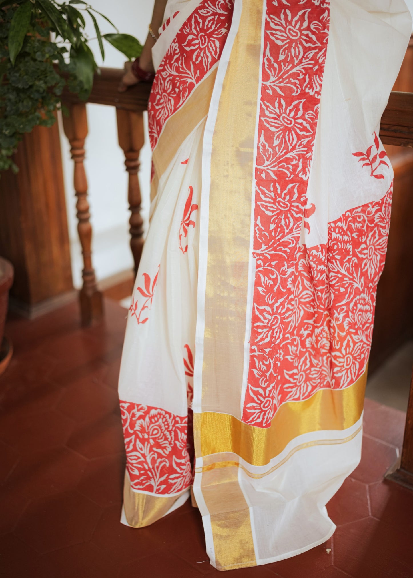 Premium Cotton Saree With Hand Block Printed Lotus Body And Floral Blouse