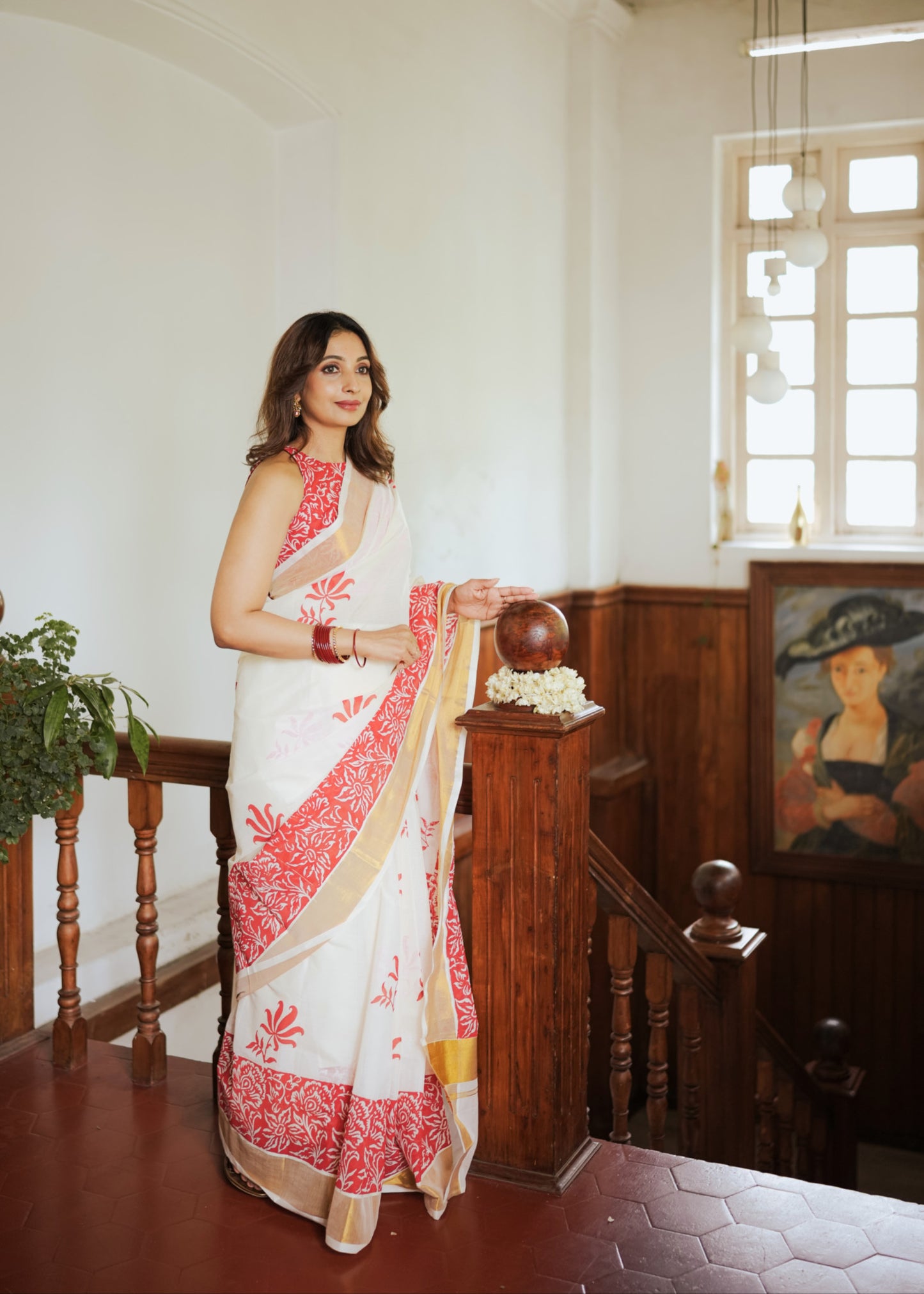 Premium Cotton Saree With Hand Block Printed Lotus Body And Floral Blouse