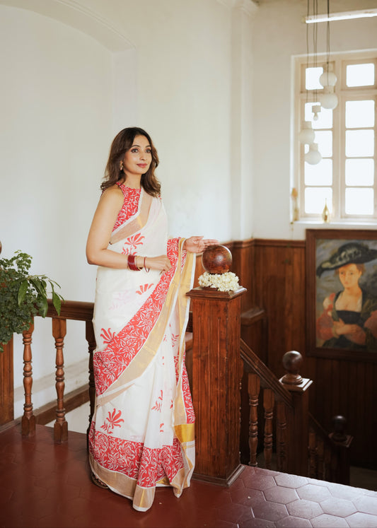 Premium Cotton Saree With Hand Block Printed Lotus Body And Floral Blouse