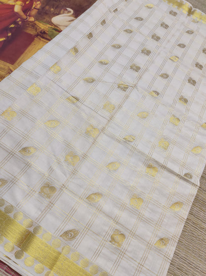 Kanjivaram Inspired Kasavu Cotton Saree With All-Over Checks And Motifs.