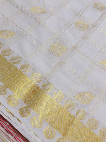 Kanjivaram Inspired Kasavu Cotton Saree With All-Over Checks And Motifs.