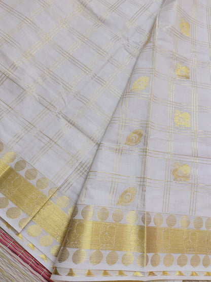 Kanjivaram Inspired Kasavu Cotton Saree With All-Over Checks And Motifs.