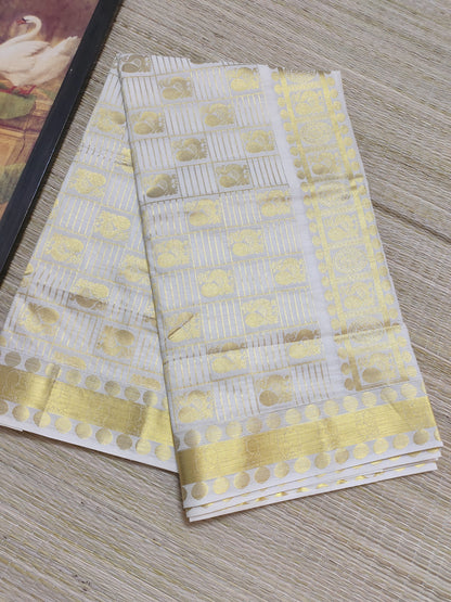 Kanjivaram Inspired Kasavu Cotton Saree With All-Over Checks And Motifs.