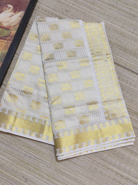 Kanjivaram Inspired Kasavu Cotton Saree With All-Over Checks And Motifs.