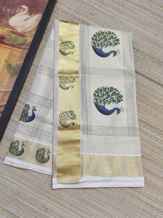Peacock Printed Tissue Saree With Full Body Box Checks.