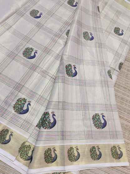 Peacock Printed Tissue Saree With Full Body Box Checks.