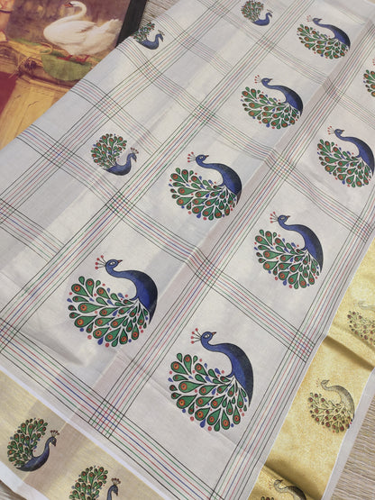 Peacock Printed Tissue Saree With Full Body Box Checks.