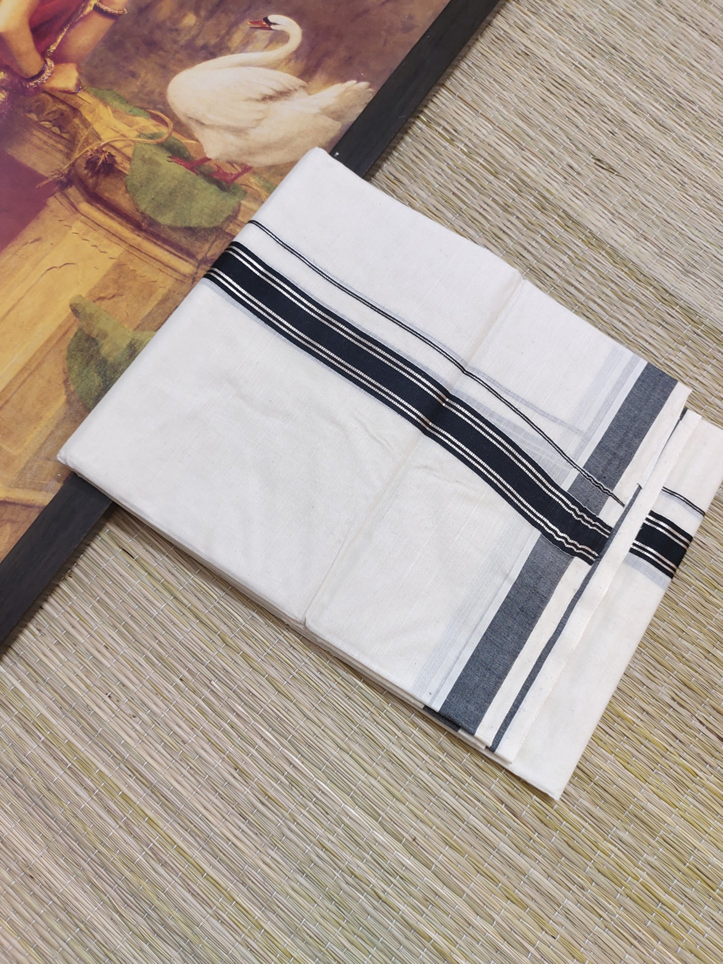 Premium Cotton  Silver Kasavu Men's Double Dhoti (4 Metres).
