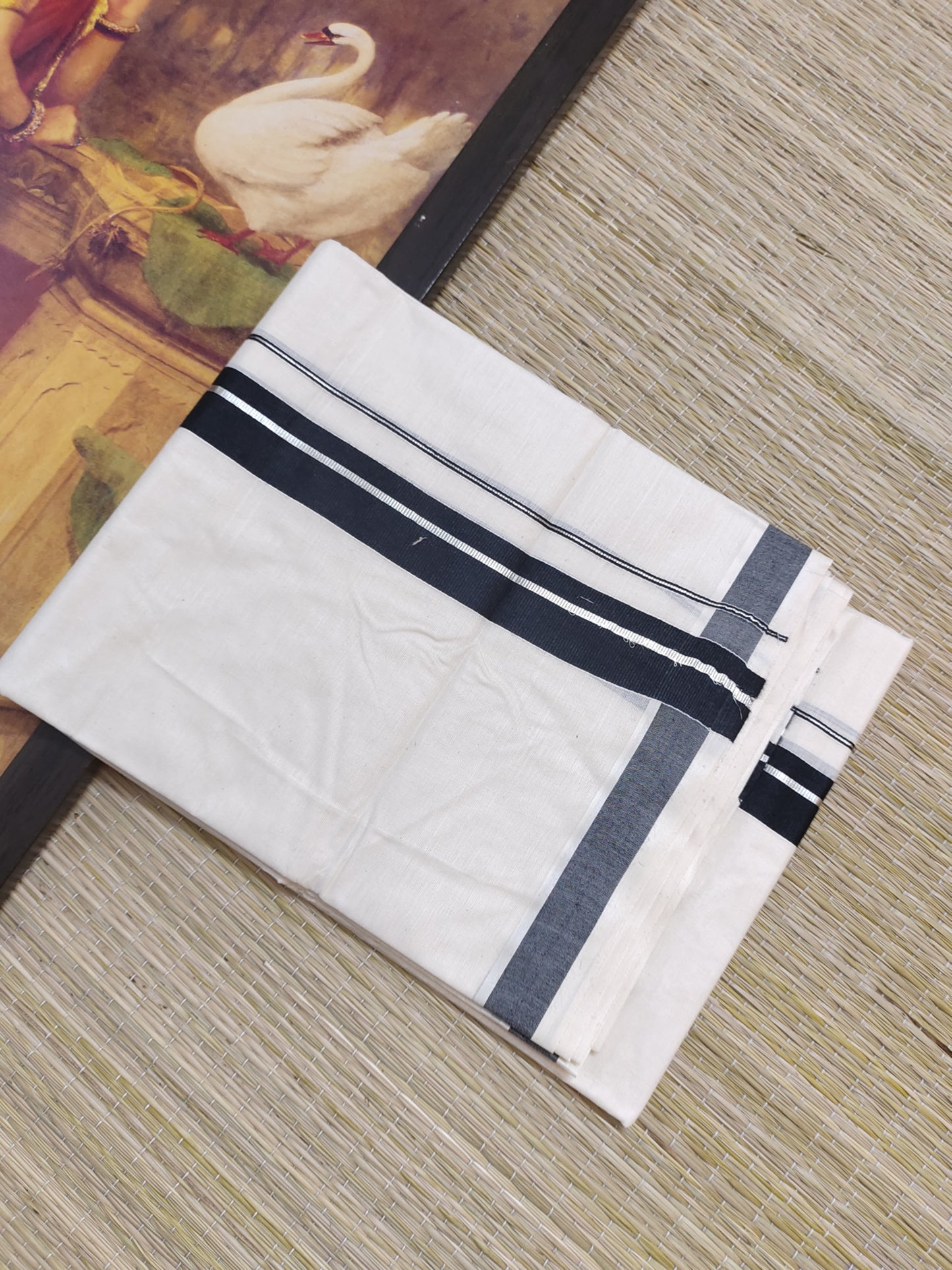 Silver Kasavu Cotton Men's Double Dhoti (4 Metres).