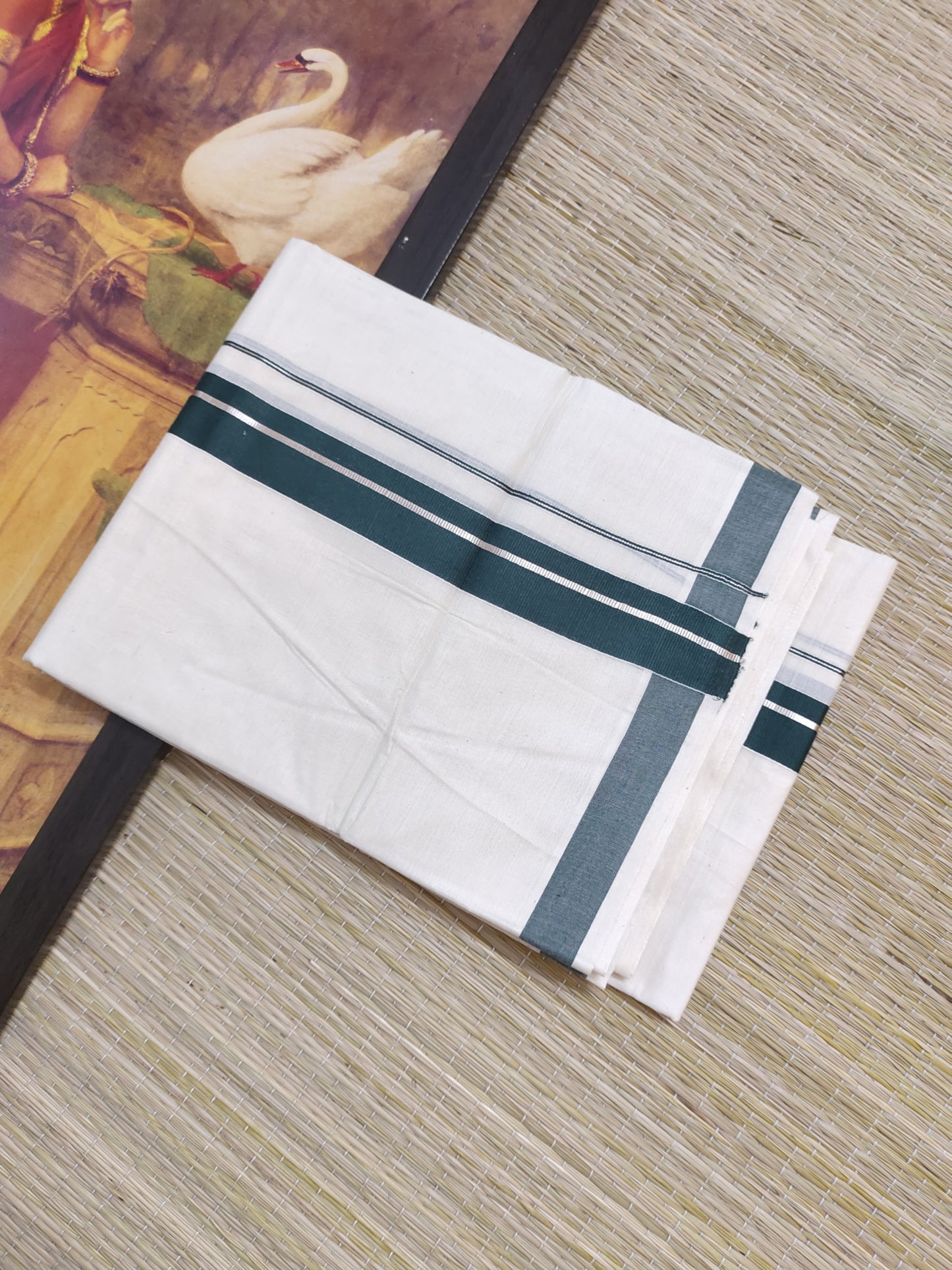 Silver Kasavu Cotton Men's Double Dhoti (4 Metres).
