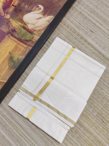 Plain Gold Kasavu Cotton Men's Double Dhoti (4 Metres).