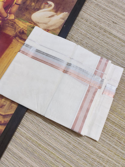 Copper And Silver Kasavu Premium Cotton Men's Double Dhoti (4 Metres).
