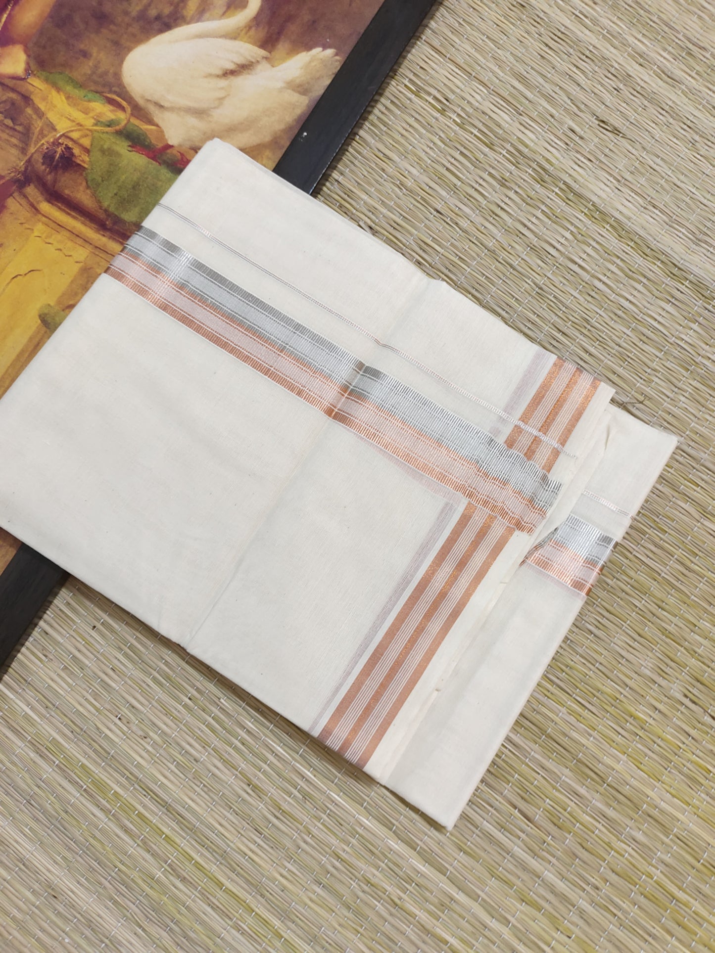 Copper And Silver Kasavu Premium Cotton Men's Double Dhoti (4 Metres).