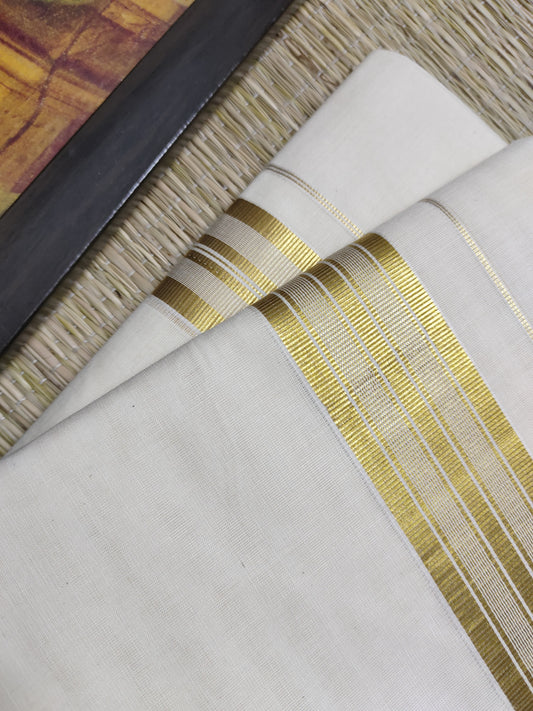 Plain Gold Kasavu Cotton Men's Double Dhoti (4 Metres).