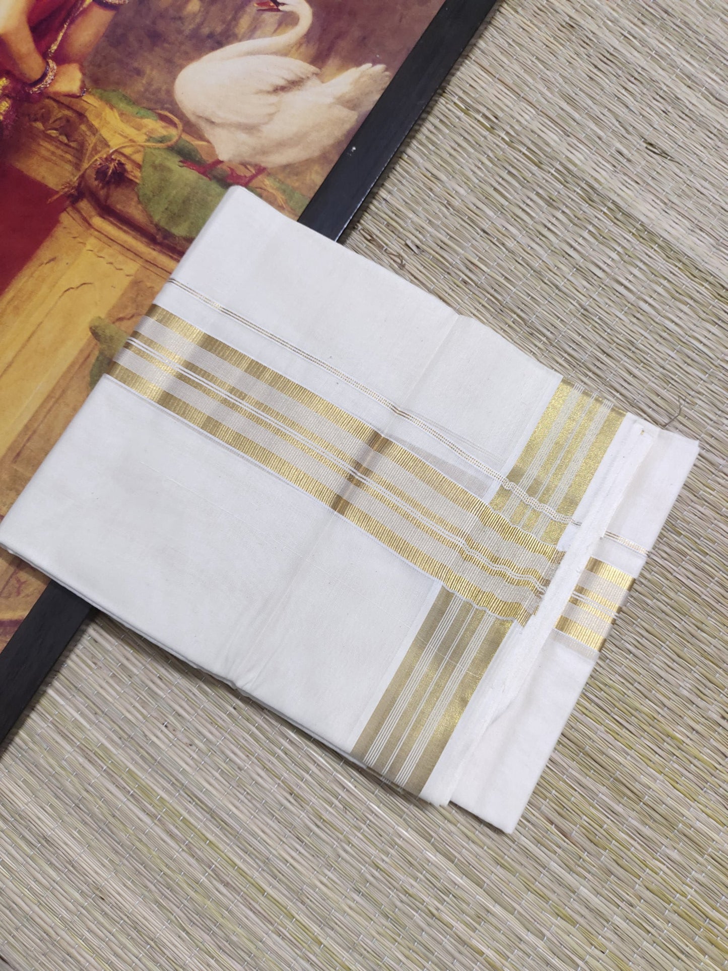 Plain Gold Kasavu Cotton Men's Double Dhoti (4 Metres).