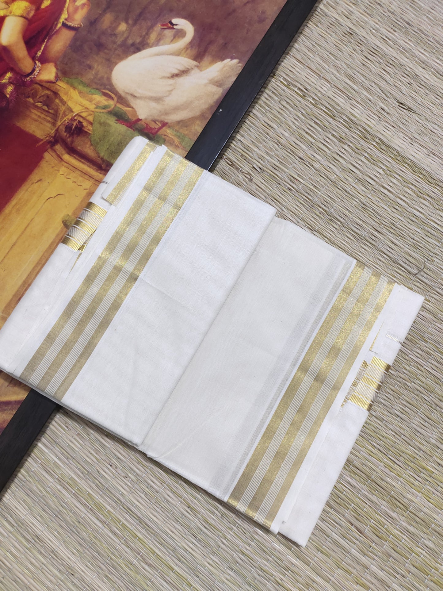 Plain Gold Kasavu Cotton Men's Double Dhoti (4 Metres).