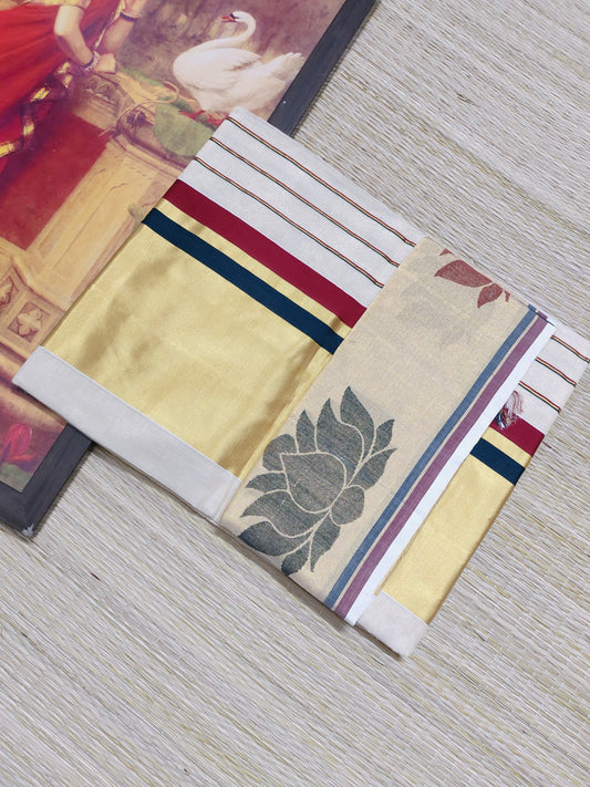 Kuthampully Woven Lotus  Weave Saree With Running Blouse.