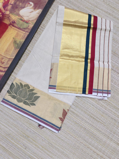 Kuthampully Woven Lotus  Weave Saree With Running Blouse.