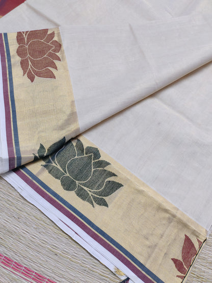 Kuthampully Woven Lotus  Weave Saree With Running Blouse.