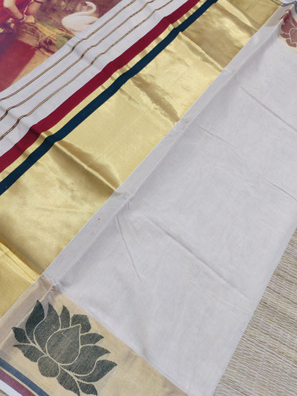 Kuthampully Woven Lotus  Weave Saree With Running Blouse.