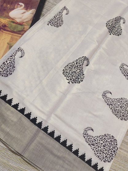Premium Tissue saree in  Coffee Brown  With Handblock Prints