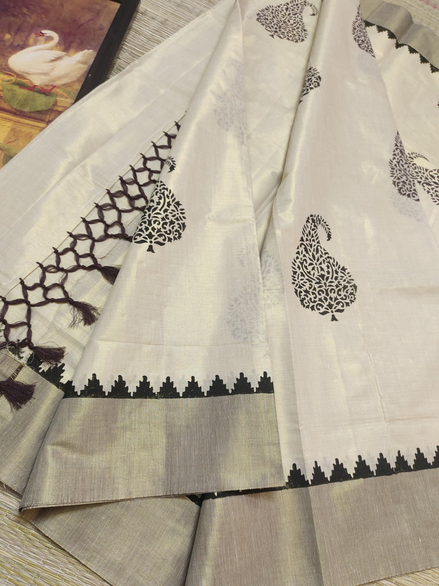 Premium Tissue saree in  Coffee Brown  With Handblock Prints