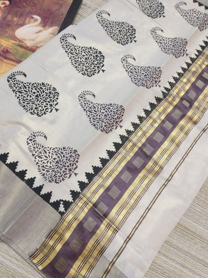 Premium Tissue saree in  Coffee Brown  With Handblock Prints