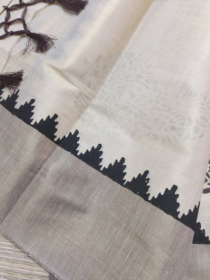 Premium Tissue saree in  Coffee Brown  With Handblock Prints