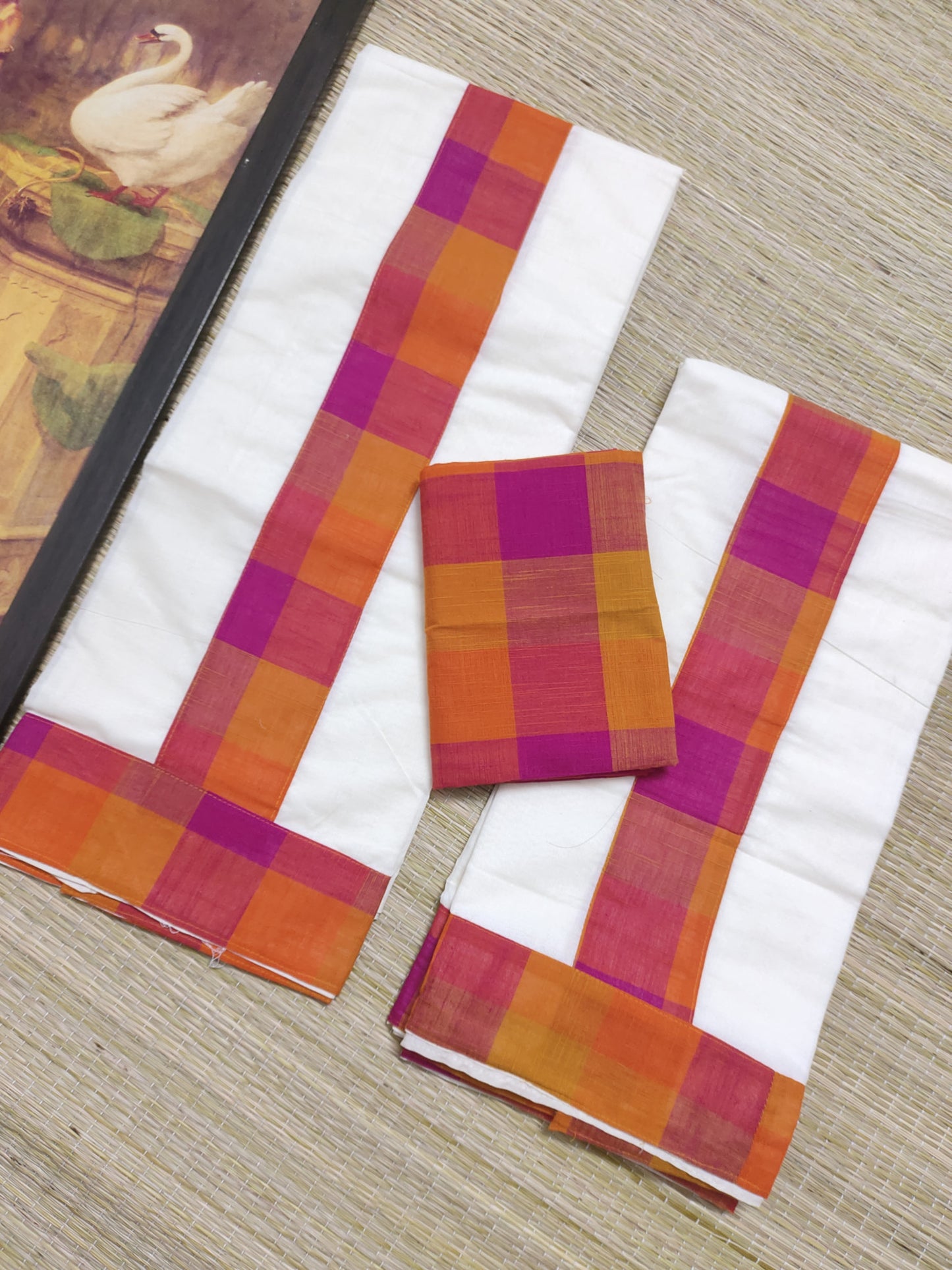 Premium Madras Check Cotton Set Mundu With 1 Metre Blouse Piece (2.80 Metres).
